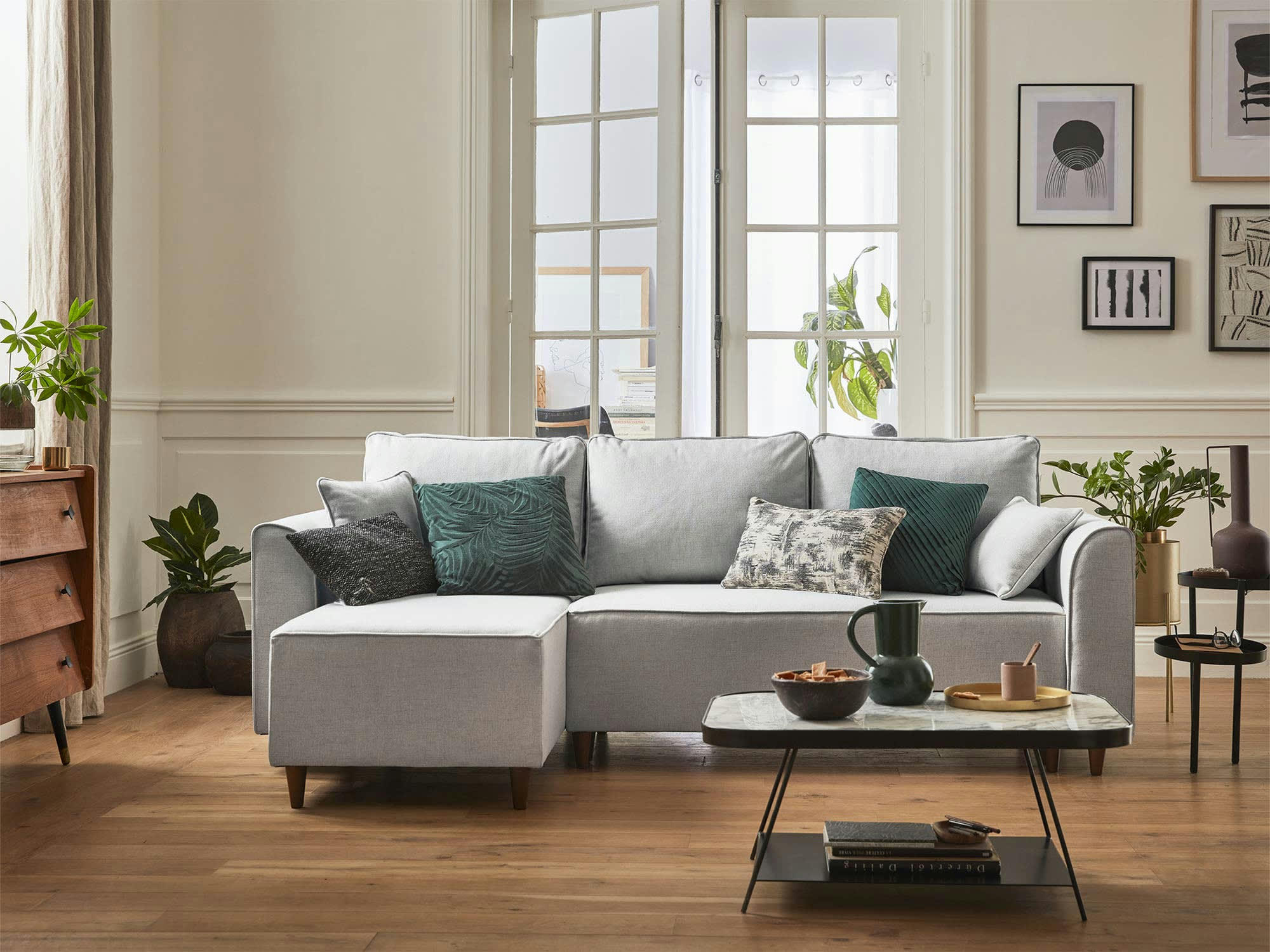 SAPHIR - Canapé d'angle réversible convertible 4 places en tissu gris clair