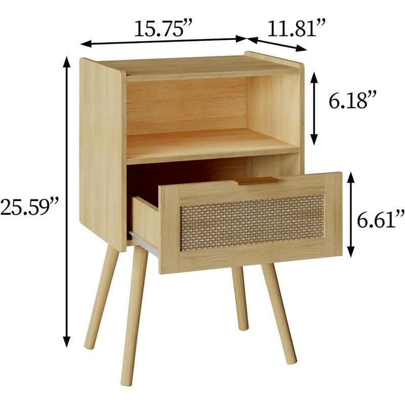 Rattan Nightstand, Modern Nightstand with Storage Drawers and Open Wooden Shelf.