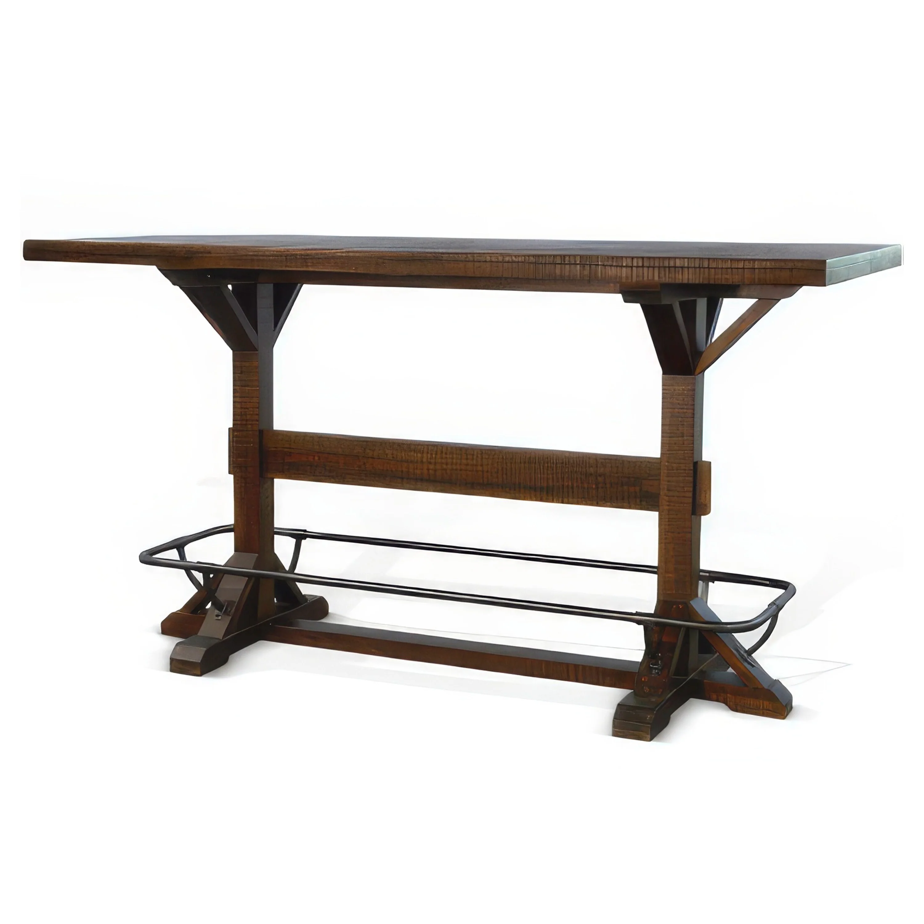 Flint Pub Bar Table, Black Metal Foot Rail, 78 Inch, Dark Brown Wood