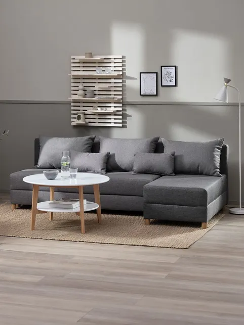 Sovesofa HAMPEN chaiselong gråt stof/egefarve