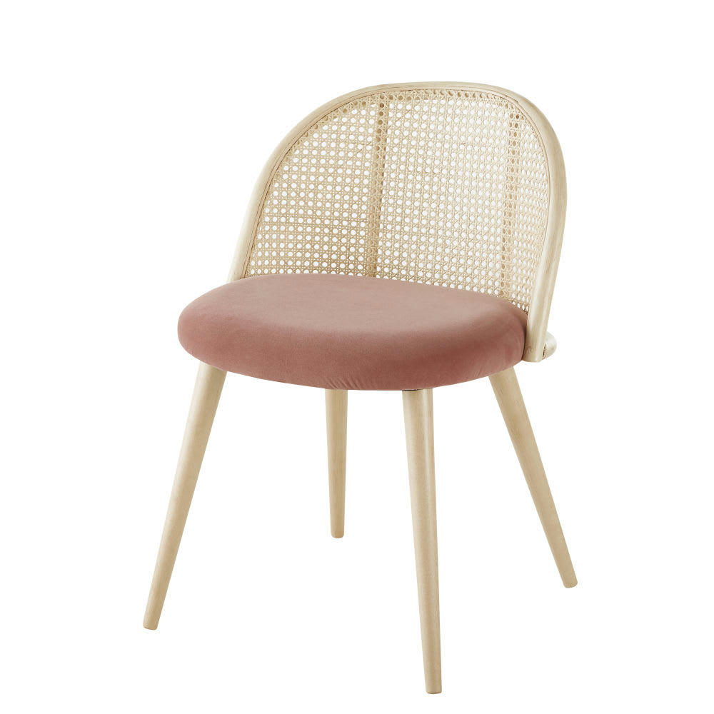 Mauricette - Chaise vintage rose cannage en rotin et bouleau massif
