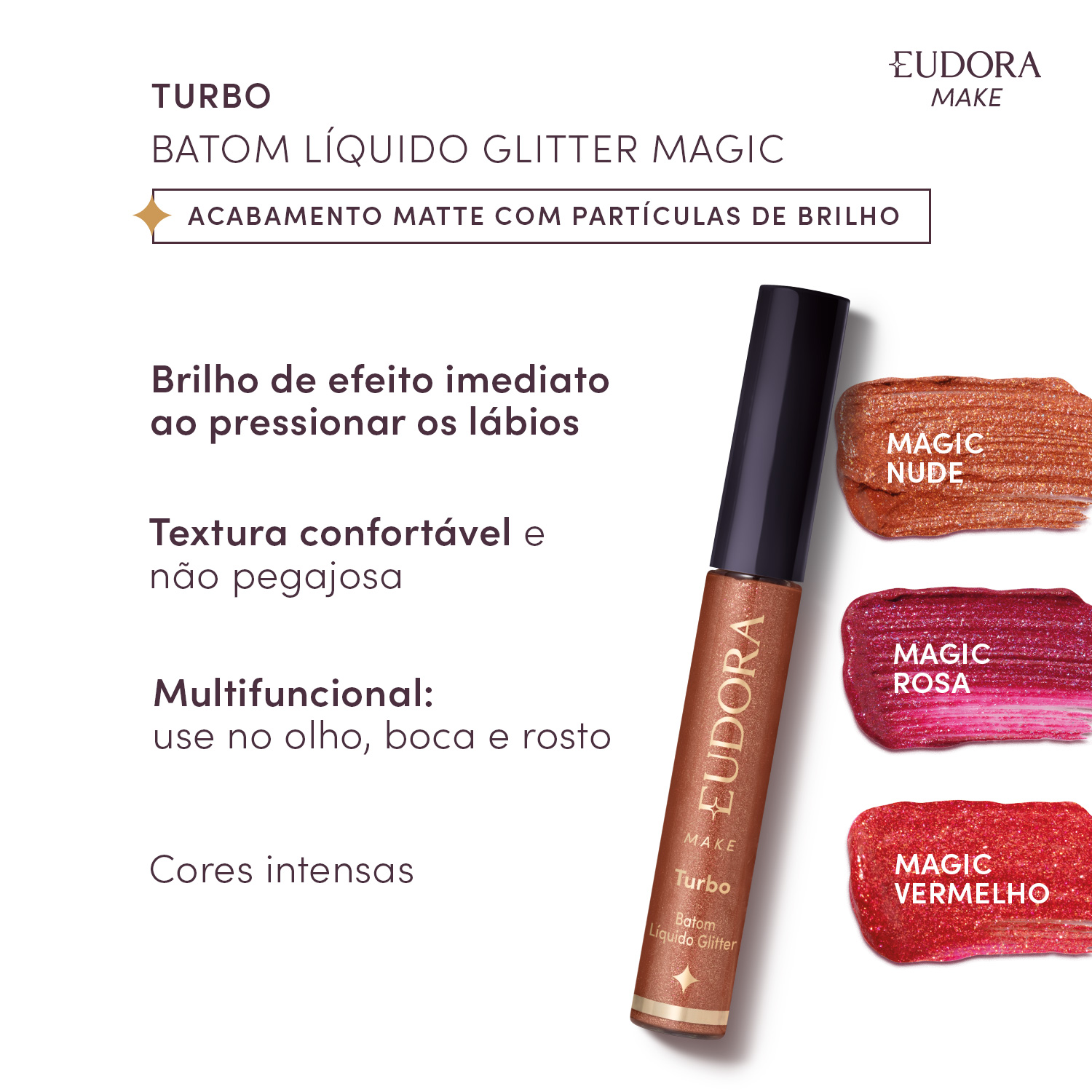 Batom Líquido Vermelho Glitter Magic Eudora Make Turbo 5,2ml