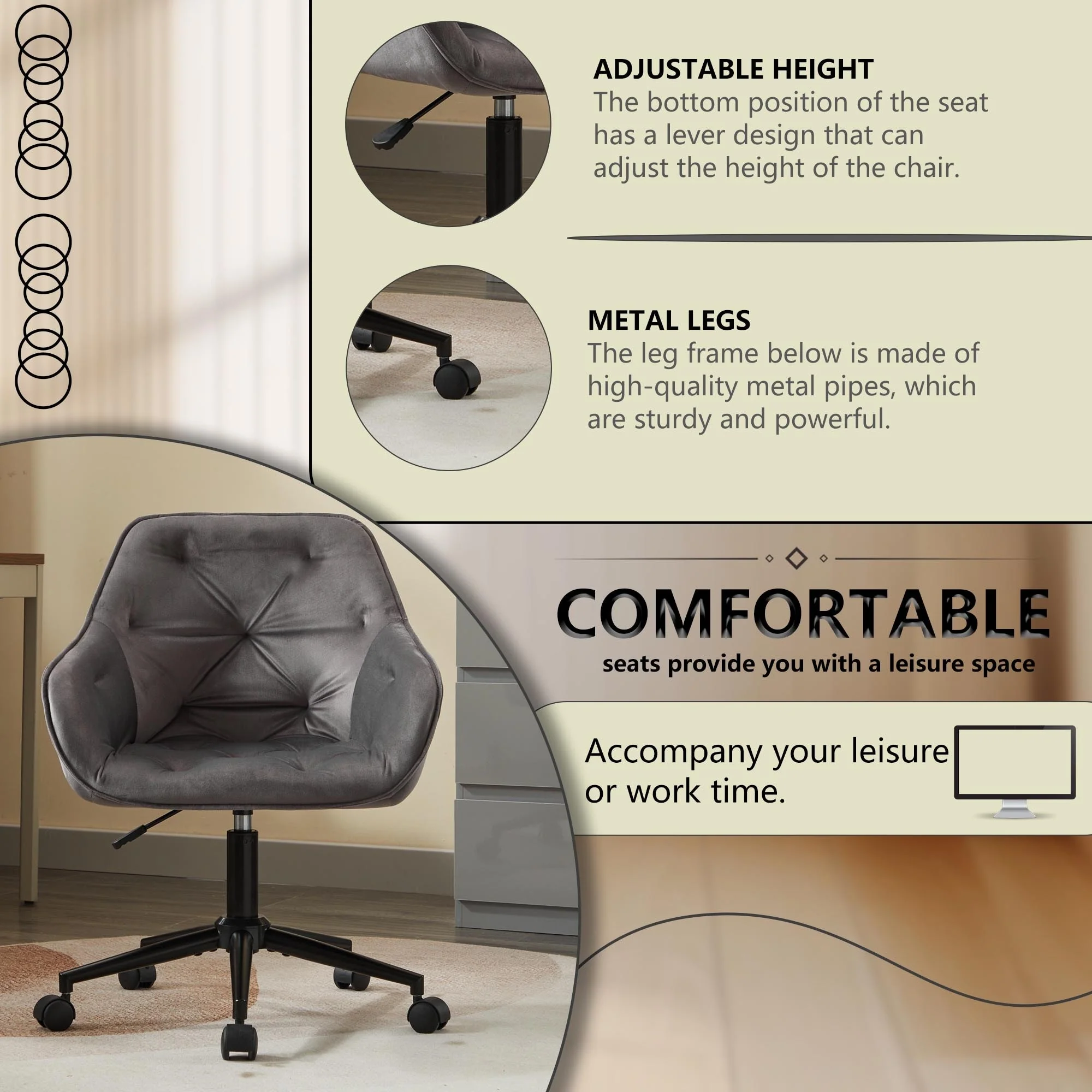 Velvet Home Office Chair with Wheels, Height Adjustable Swivel Vanity Task Chair, Upholstered Tufted Computer Chair - N/A