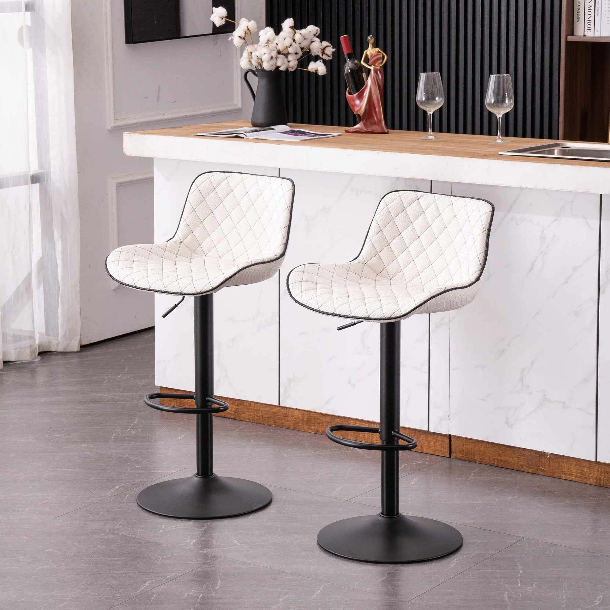 Modern Swivel Adjustable Bar Stools Woven Pattern Leather Set of 2