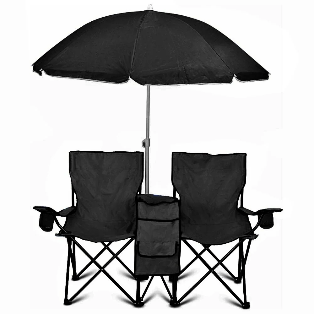 GoTeam Portable Double Folding Chair w/Removable Umbrella, Cooler Bag and Carry Case