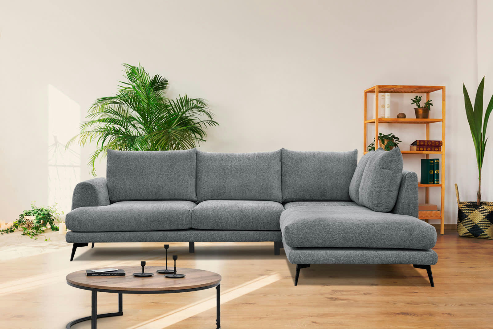 ADRIA - Canapé d'angle droit 5 places tissu gris moyen