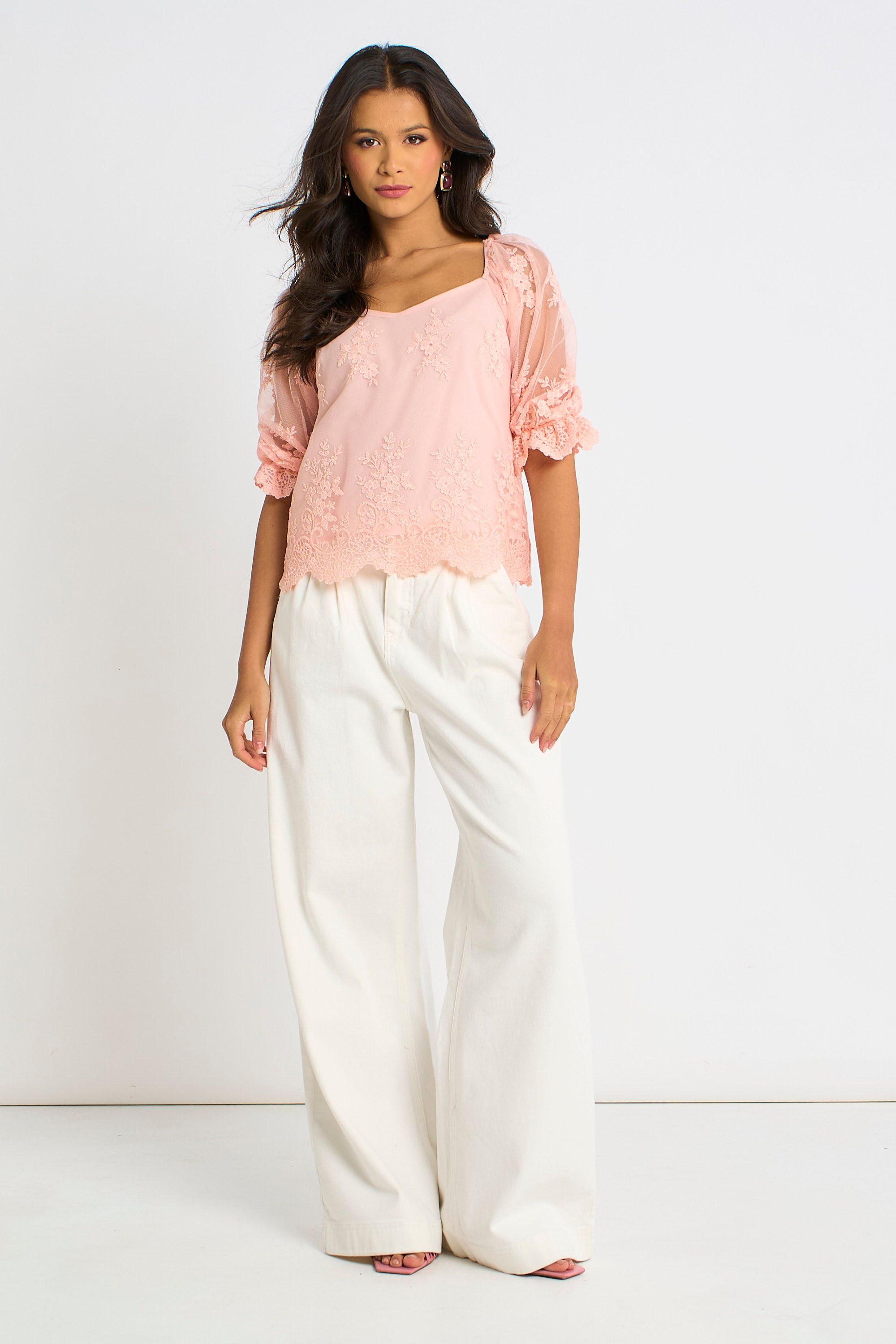 Gini London Pink Embroidered Lace Scallop Blouse