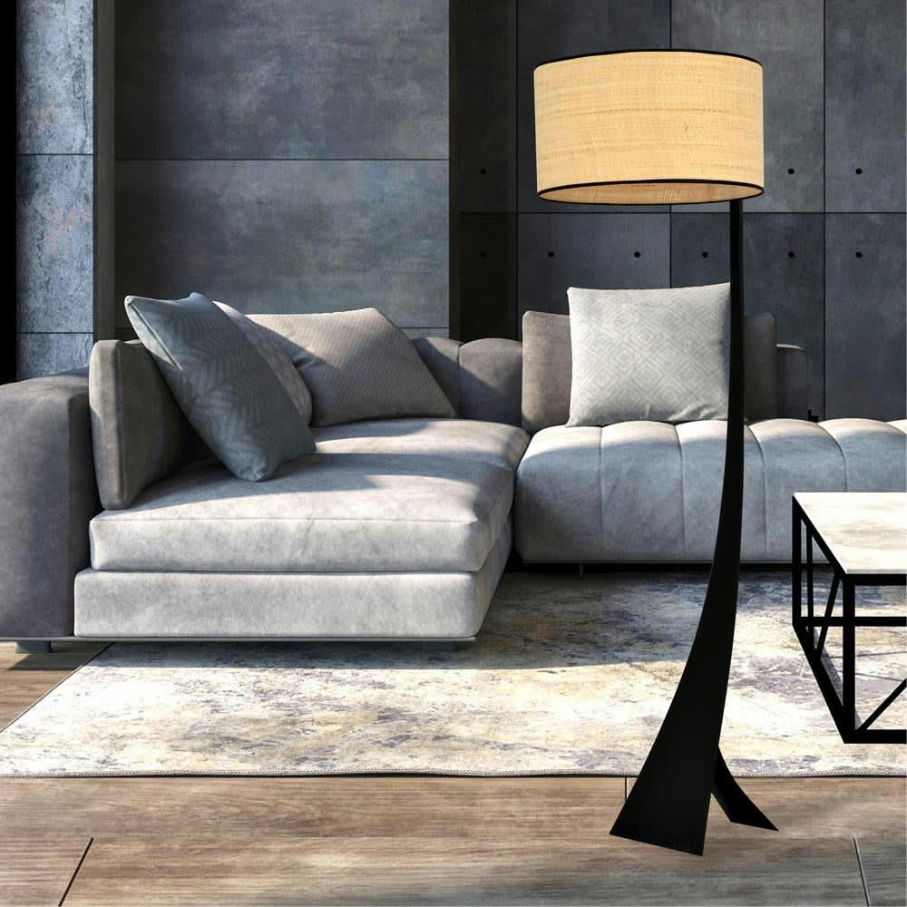 ESTELA - Lampadaire naturel avec structure noire et abat-jour en rotin