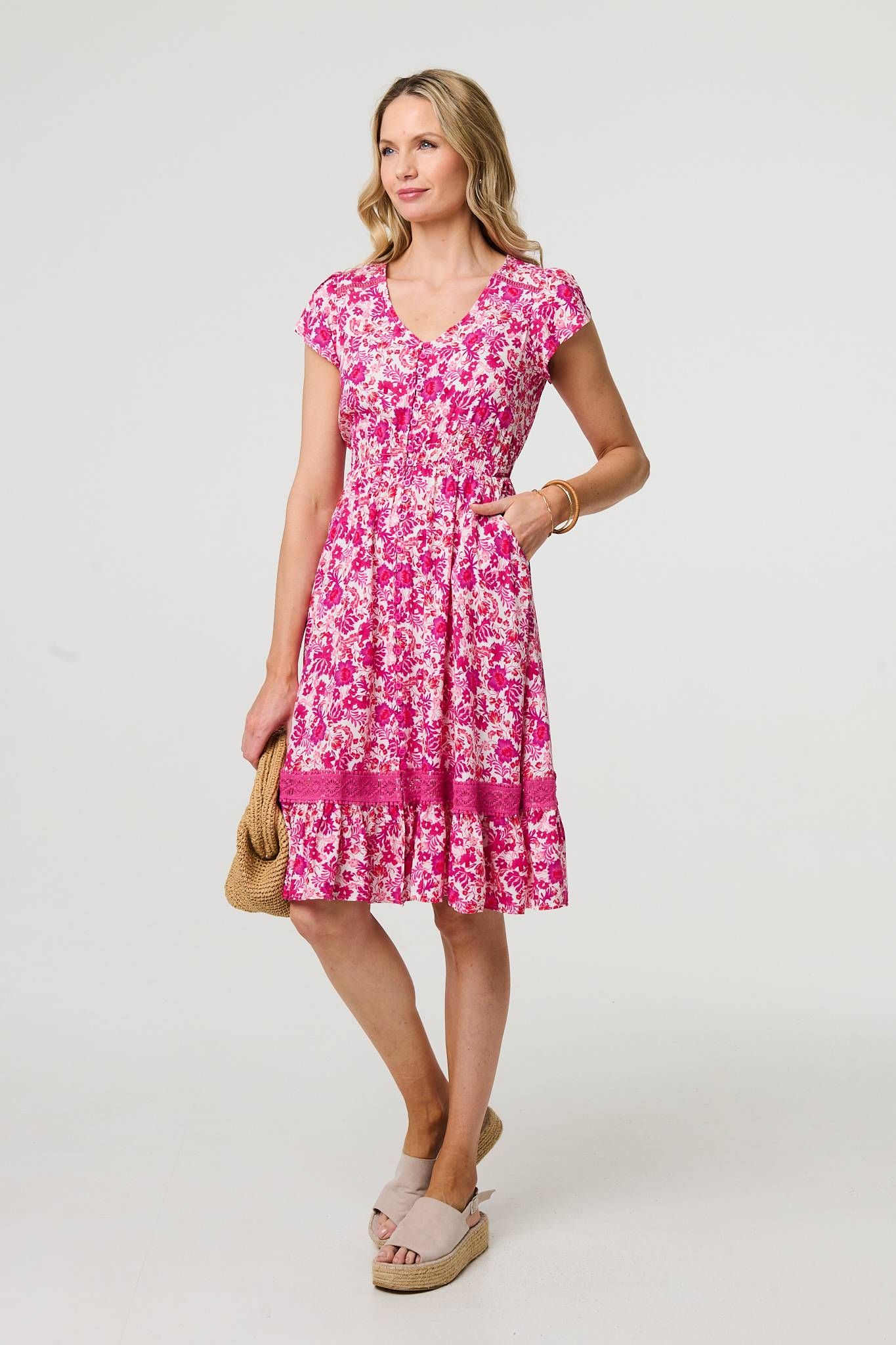 Izabel London Floral Cap Sleeve Lace Trim Short Dress
