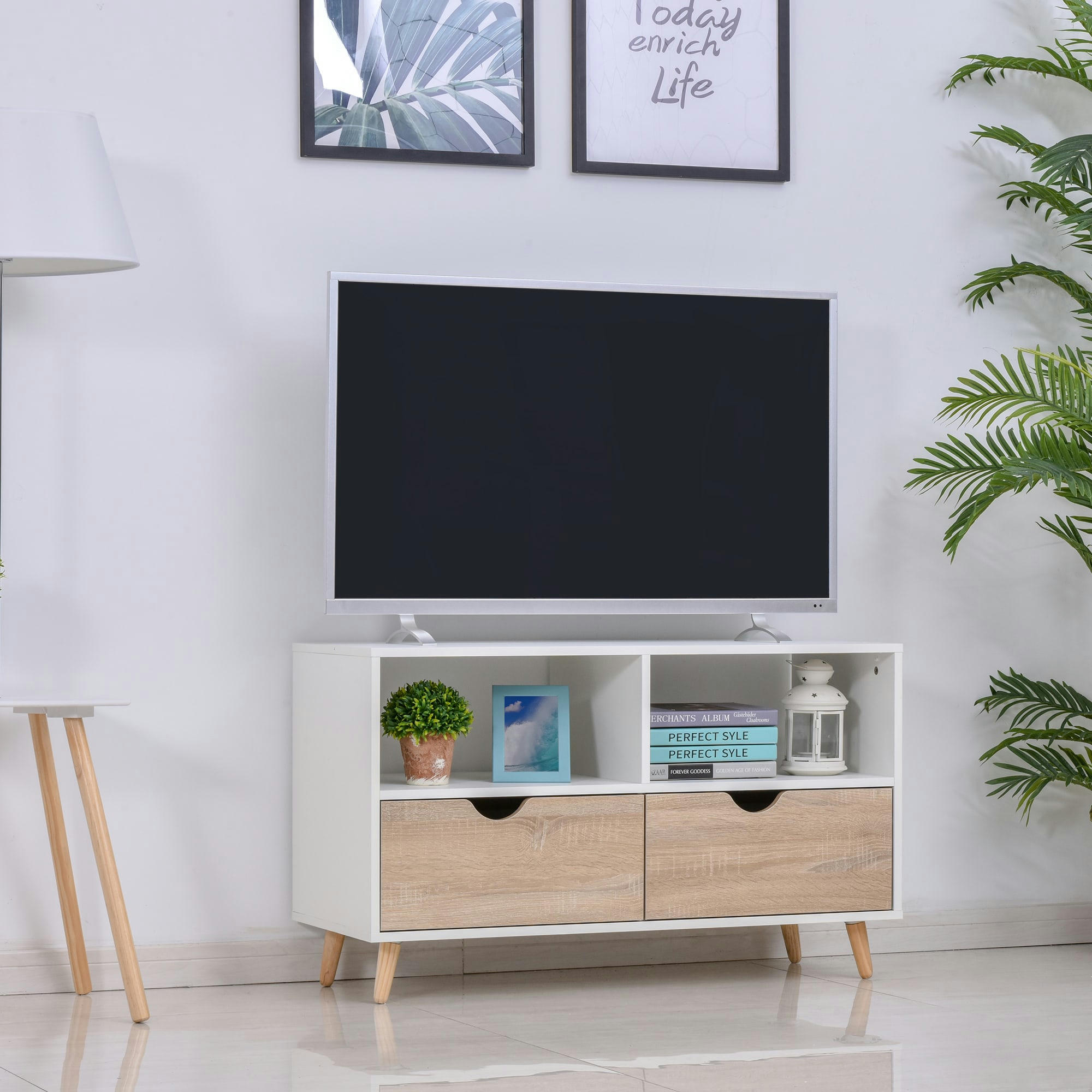 - Meuble TV bas sur pieds style scandinave 2 tiroirs chêne clair blanc