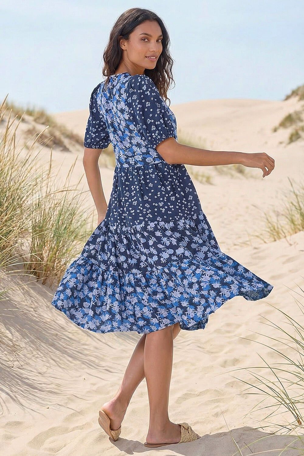 Roman Floral Cotton Blend Tiered Smock Dress
