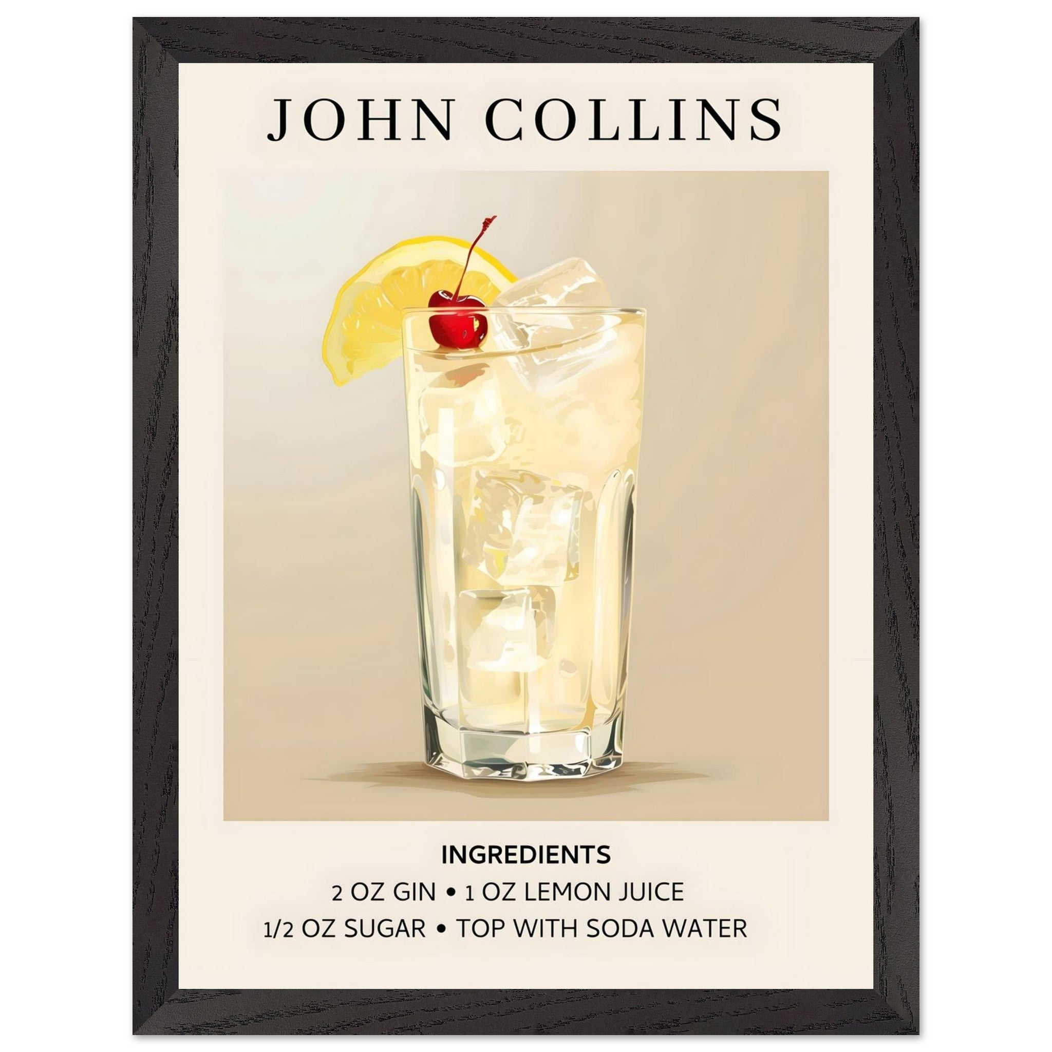 Artfulprints Poster met Lijst John Collins cocktail - Ingrediënten  - 30x40 cm - Taupe