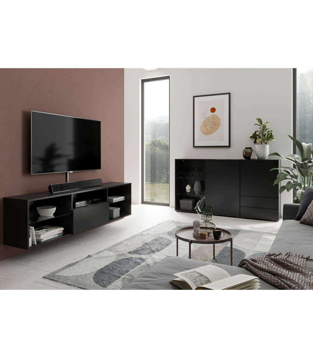 DARK - Meuble TV 1 Tiroir 5 Niches Noir - L153,5 cm