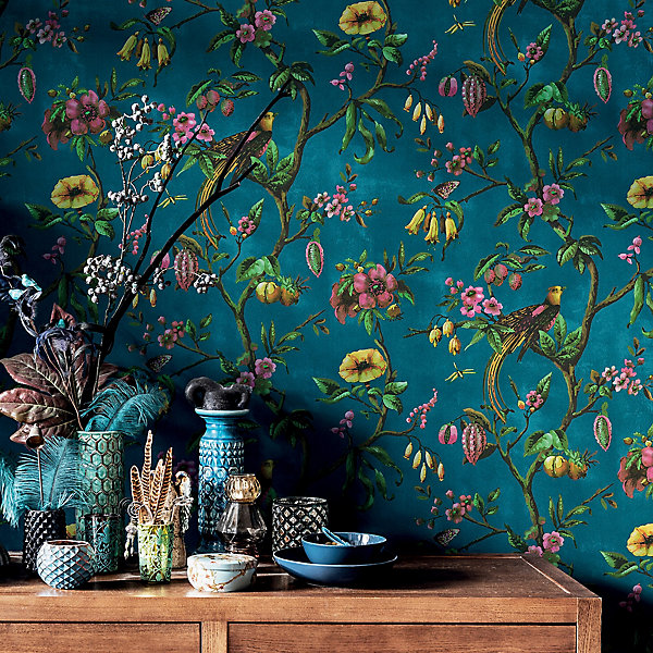 Papier peint Bloom vinyle intissé oiseau paradis bleu pétrole