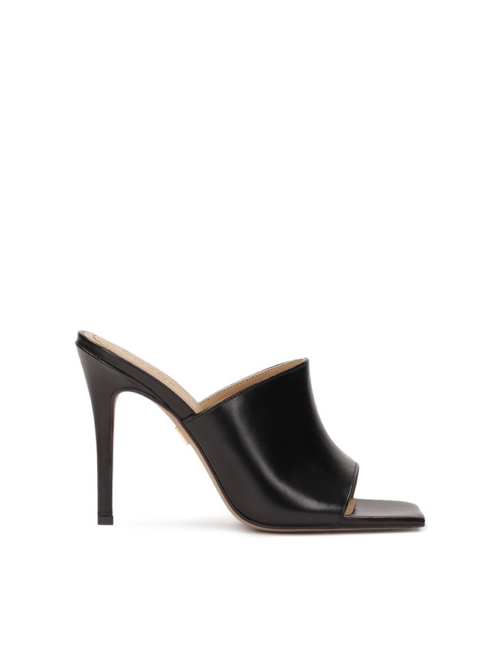 Black heeled mules with square toes