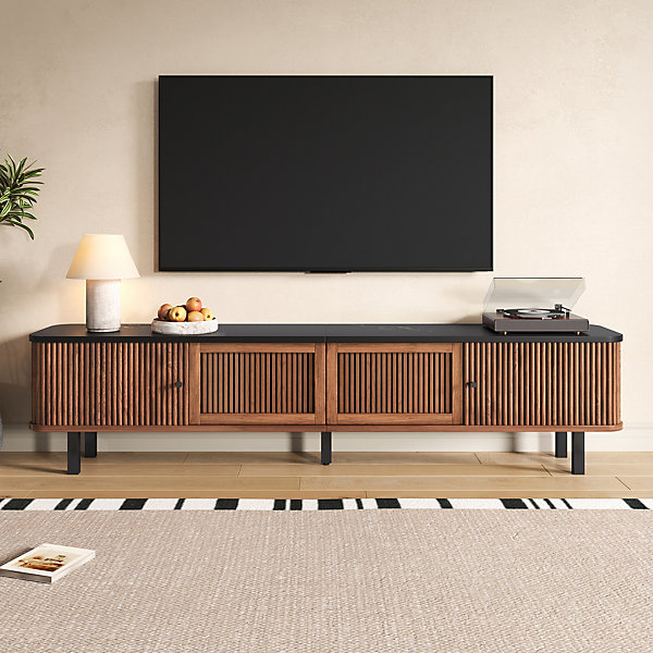 Meuble TV avec 4 Portes et Poignées Rondes Noires, Grand Espace de Rangement pour Salon, en MDF et Panneaux de Particules, Noyer