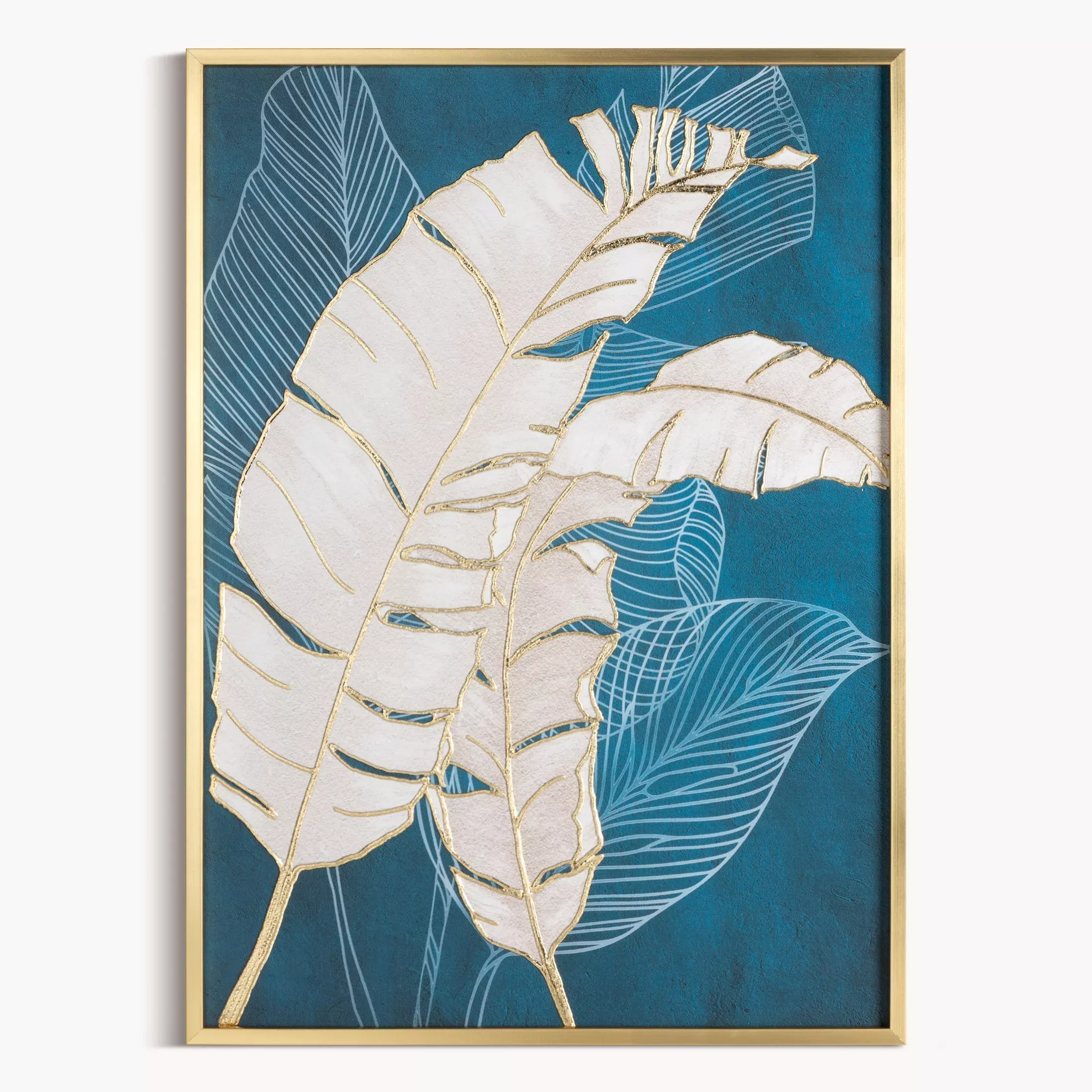 Obraz roślinny turkusowo, złoty nadruk na płótnie z liśćmi bananowca 50x70 cm