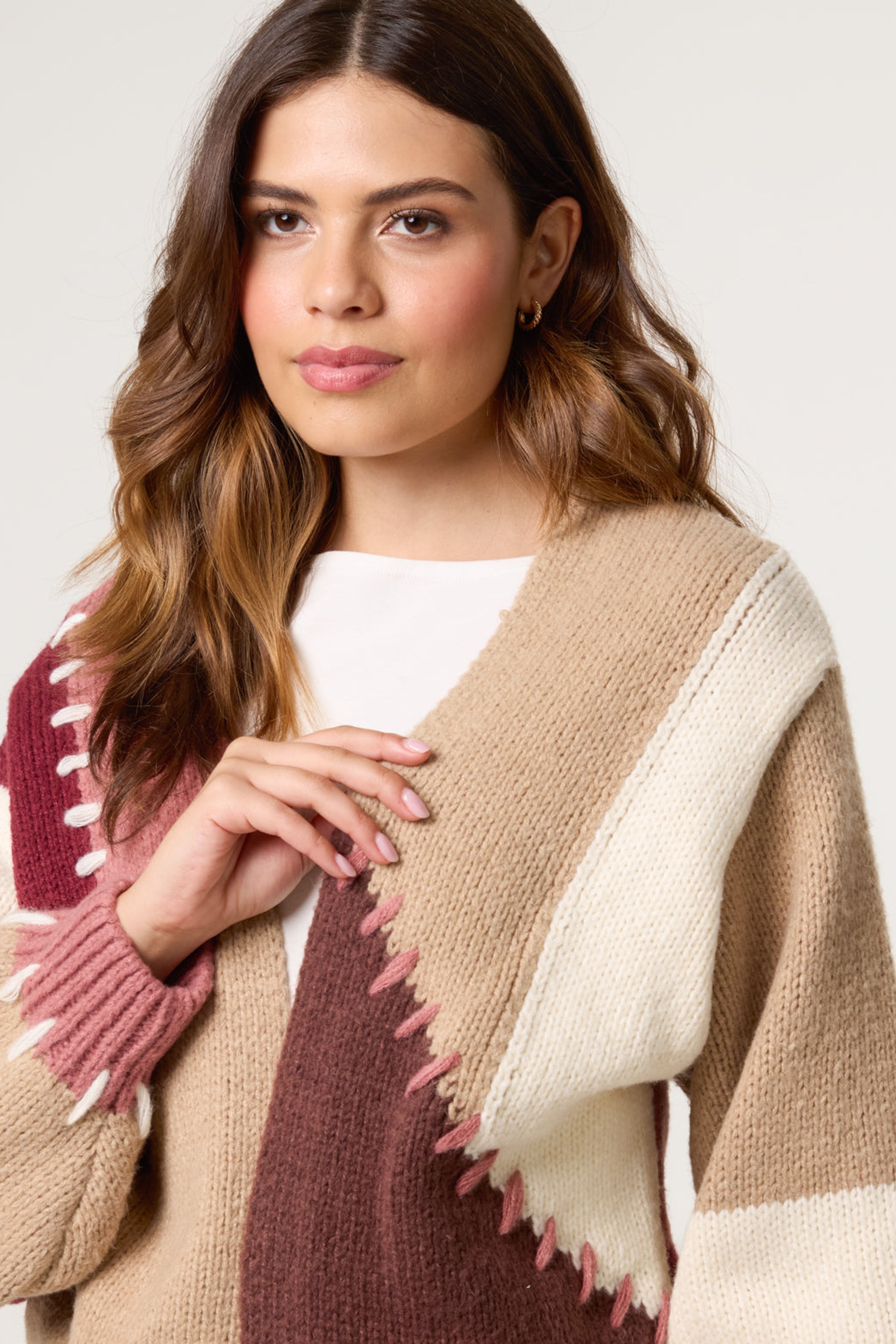 Blue Vanilla Brown Blanket Stitch Detailed Colourblock Cardigan