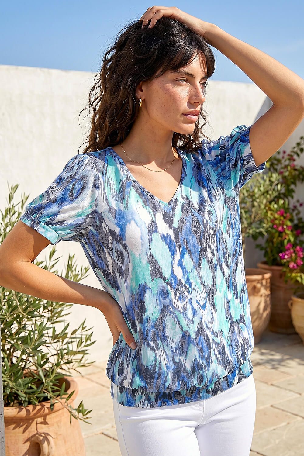 Roman Animal Burnout Print Blouson Stretch Top