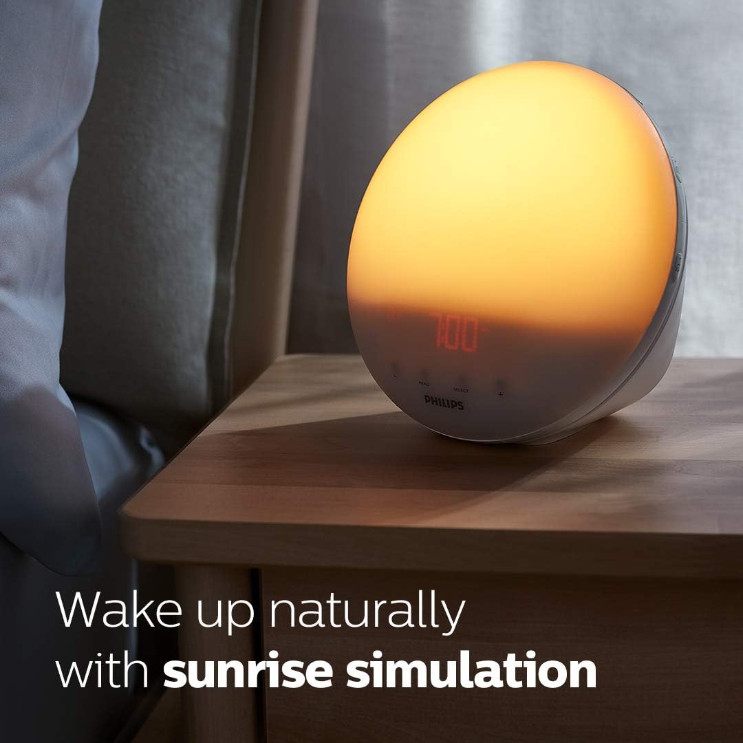 Philips SmartSleep Wake-up Light  Colored Sunrise and Sunset Simulation  5 Natural Sounds  FM Radio & Reading Lamp  Tap Snooze  HF3520/60