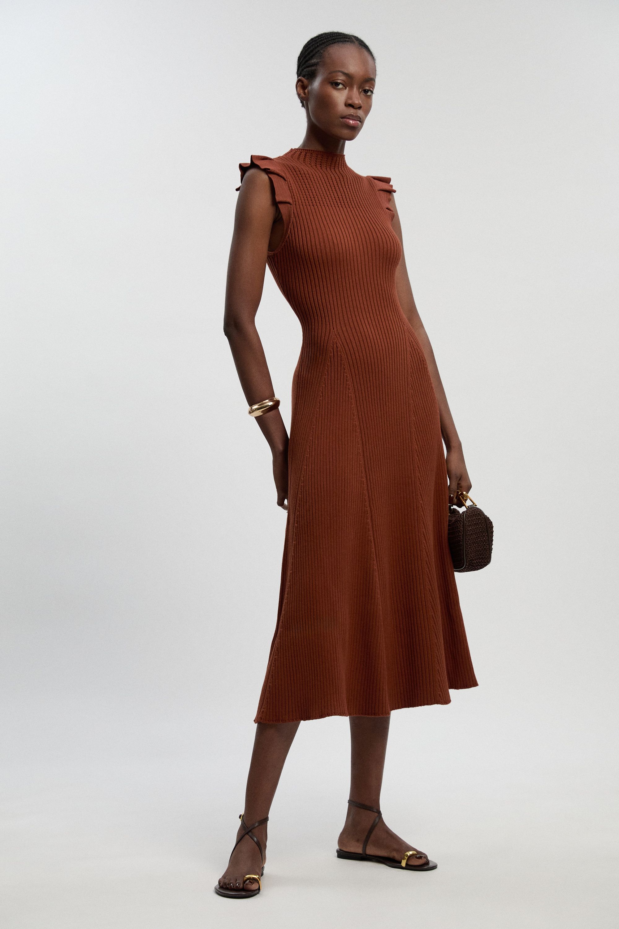 KarenMillen Petite Pointelle Frill Sleeve Knit Midi Dress