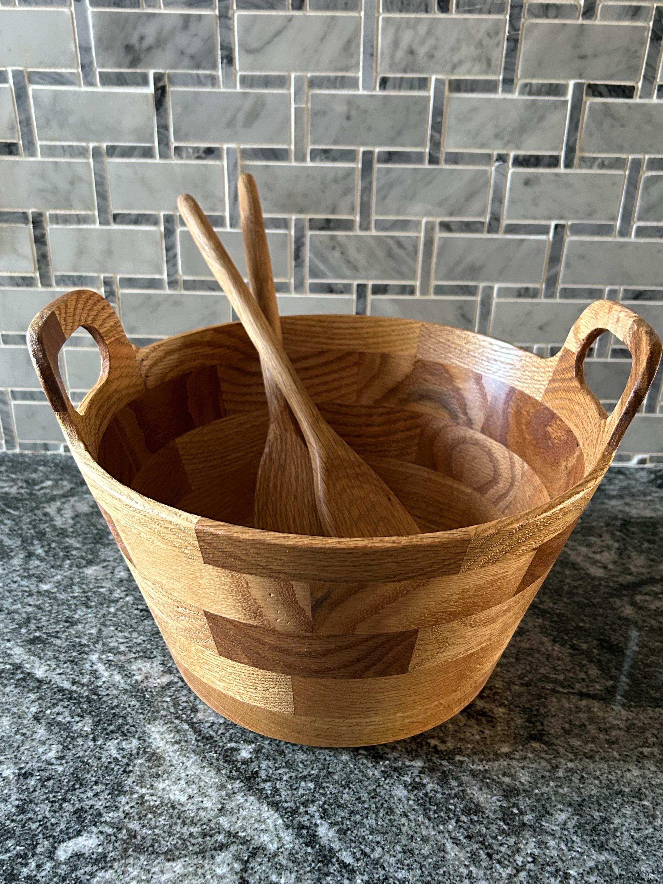 Handmade Segmented Oak Salad Bowl with Utensils: Farmhouse Bucket Style Serving Bowl Large Size