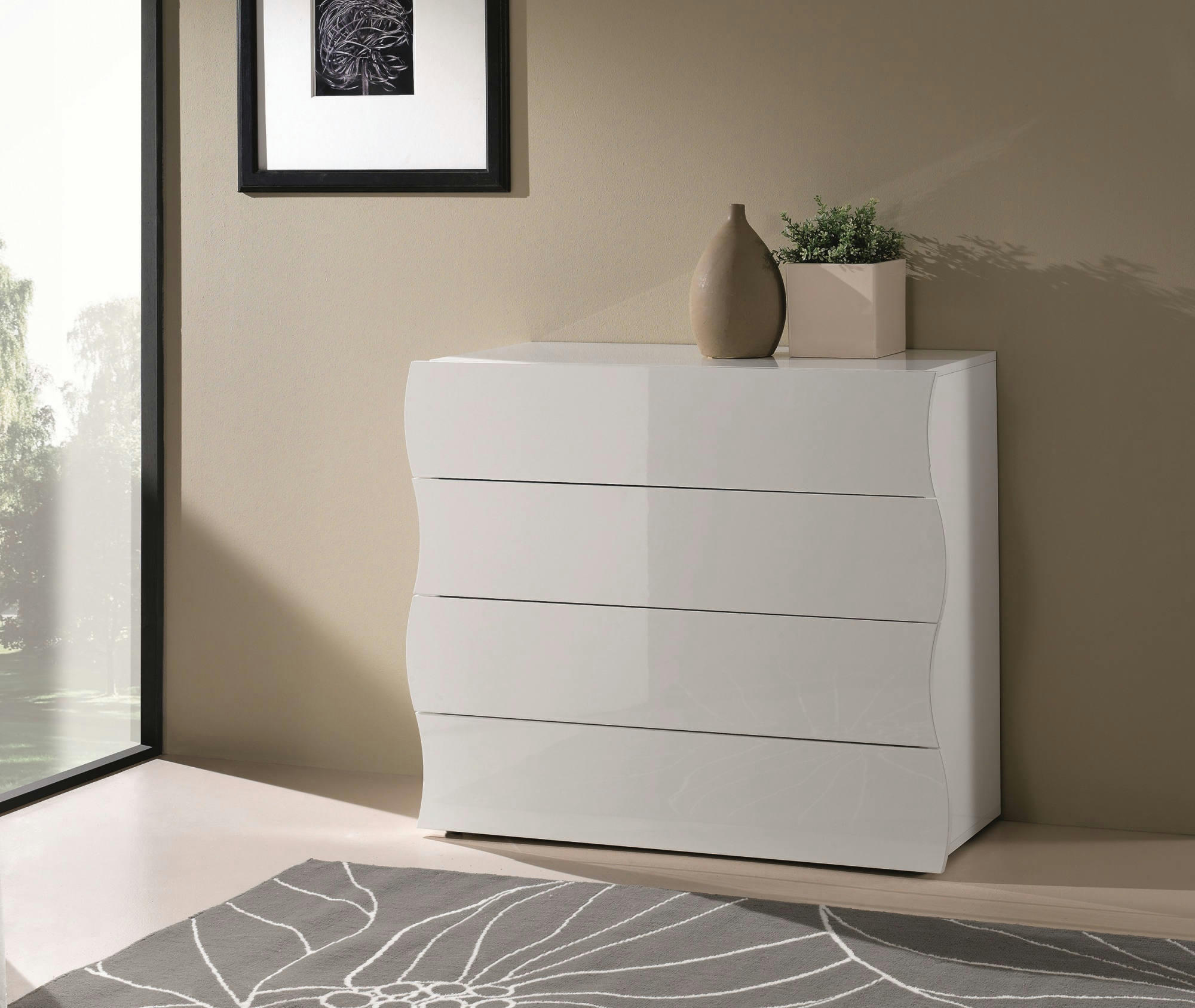MATTIA - Commode avec 4 tiroirs effet bois blanc brillant 98x40h82 cm