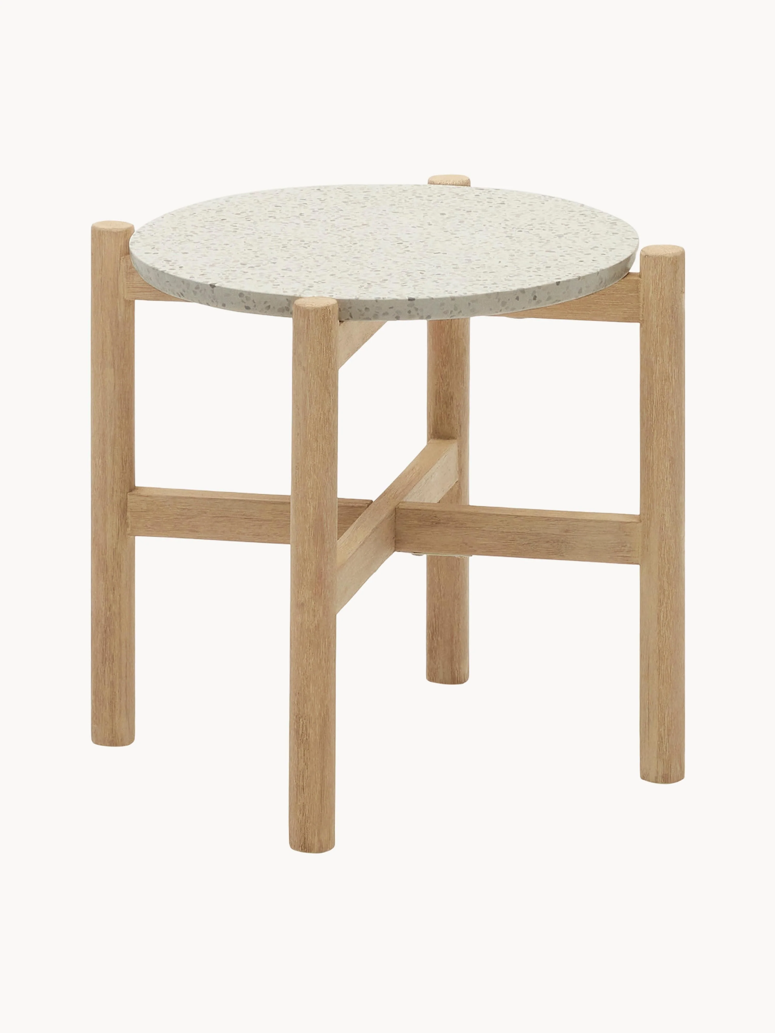 Runder Garten-Beistelltisch Pola aus Terrazzo und Eukalyptusholz