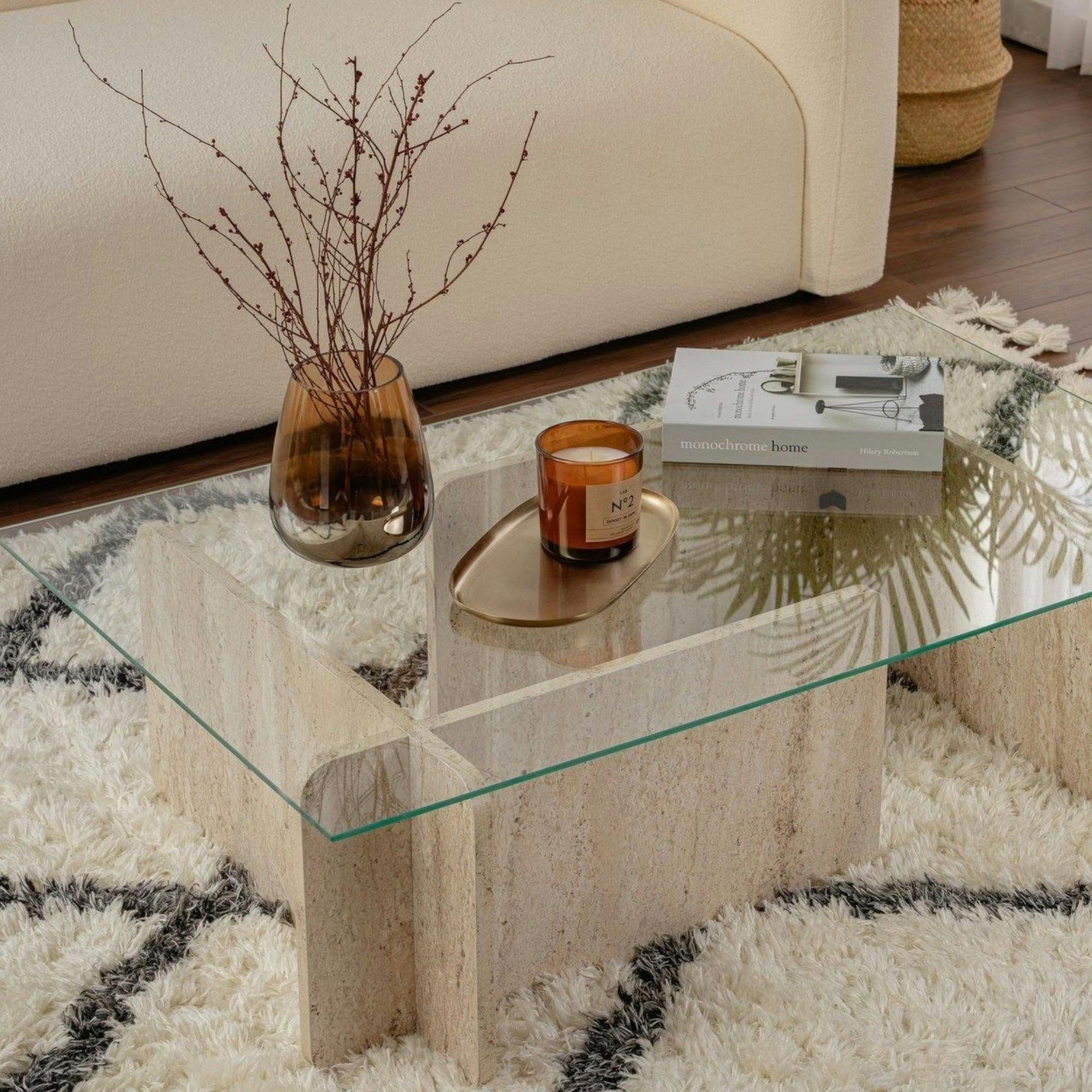 Table basse verre déstructurée – base effet travertin SALTA