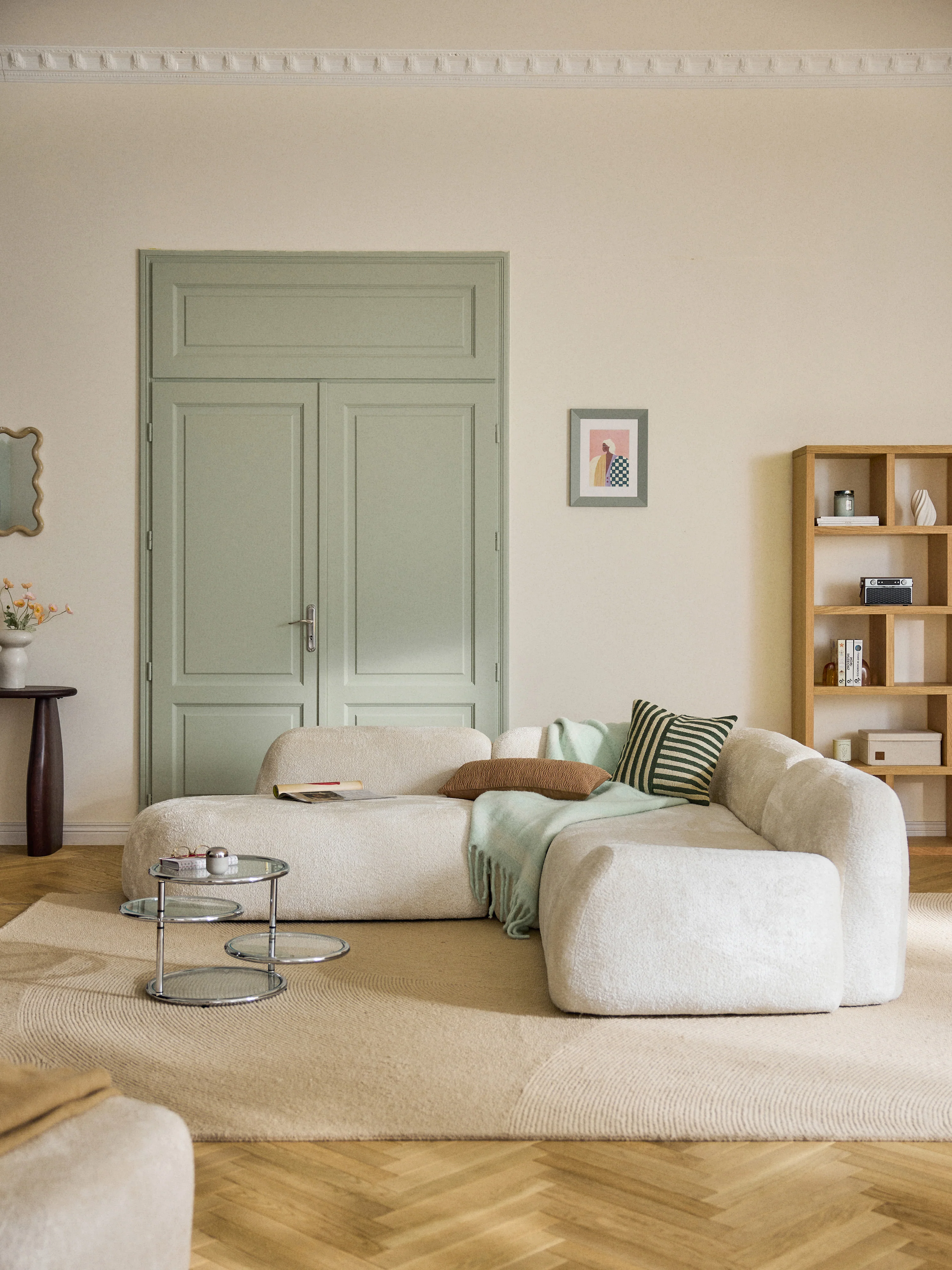 Modulares Ecksofa Wolke (4-Sitzer) aus Teddy-Bouclé mit Chaiselongue