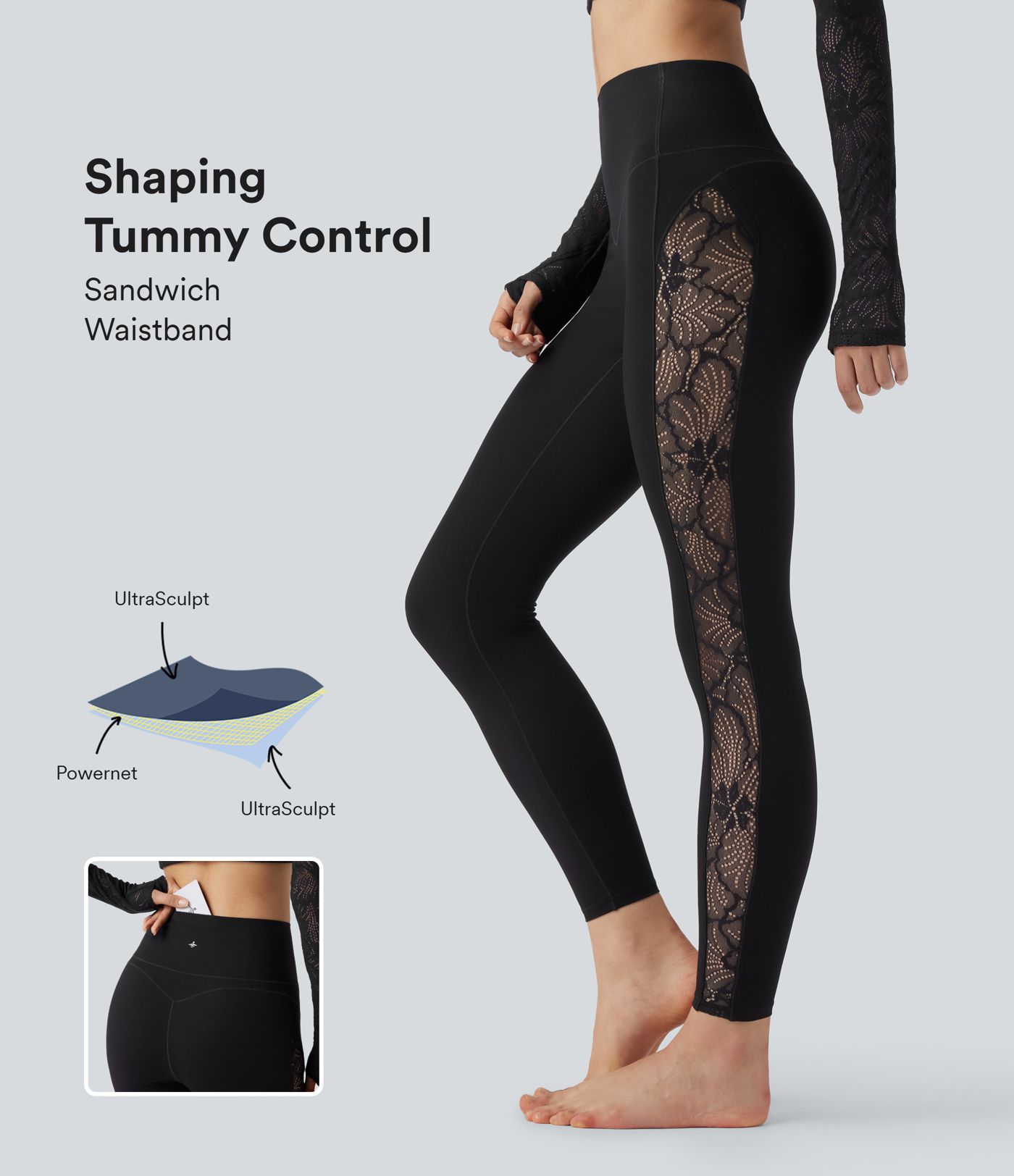Legging de yoga gainant taille haute avec dentelle contrastée et poche Halara UltraSculpt™