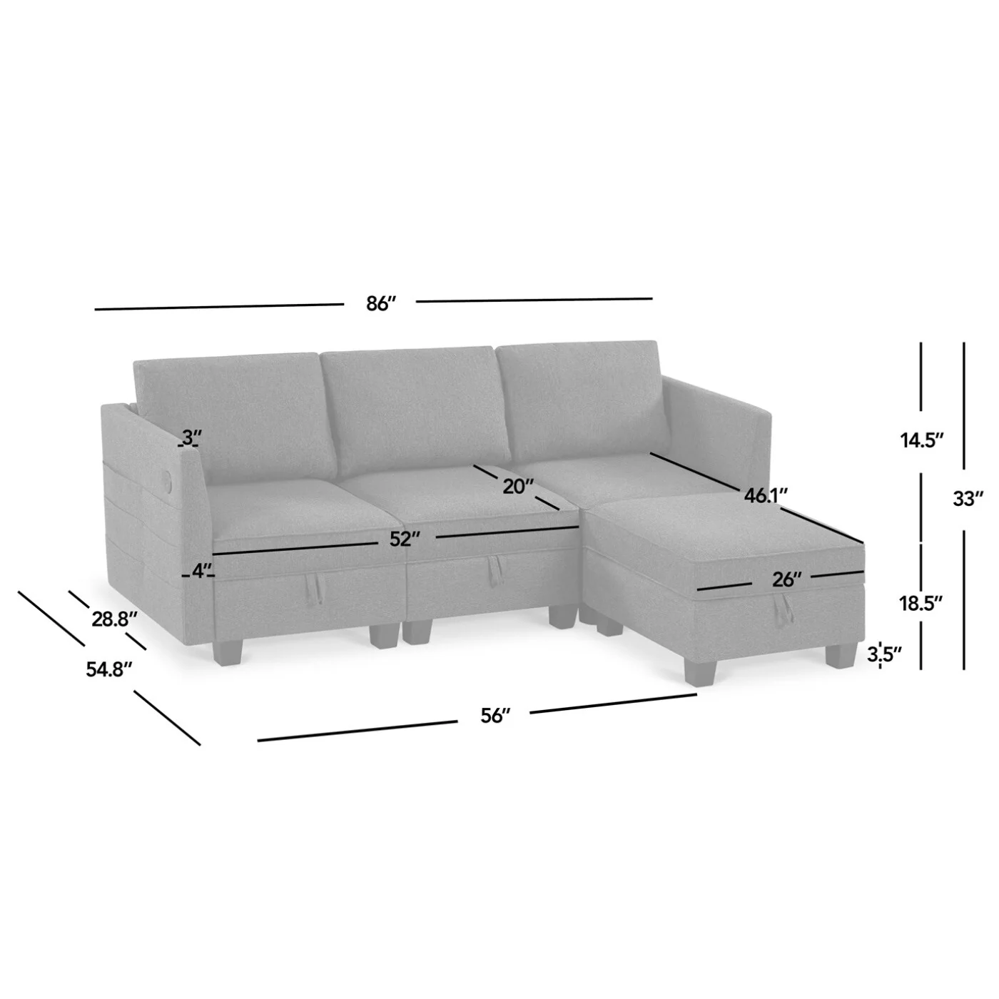 Billy 86 Modular 4-Piece Storage Sectional Sofa