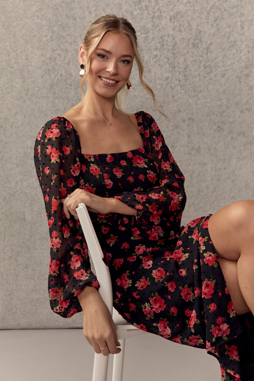 Sharon Flocked Heart Floral Midi Dress
