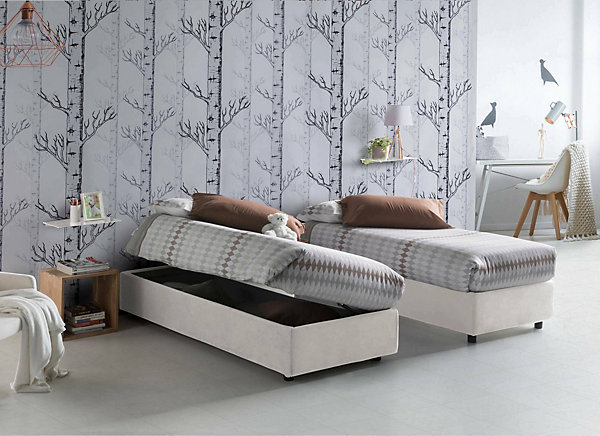 Lit simple Abbi, Lit coffre avec revêtement en tissu, 100% Made in Italy, Ouverture latérale, avec matelas 80x190 cm inclus, Blanc