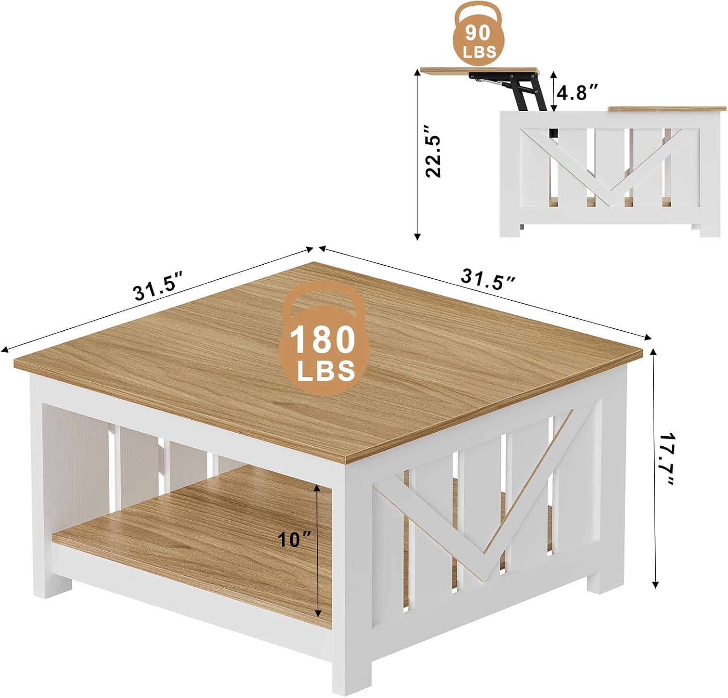 FABATO Lift Top Coffee Table, 31.5 Farmhouse Coffee Tables with Storage, Small Square Cocktail Tables, Wood Central Table for Living Room, Meeting Room, White