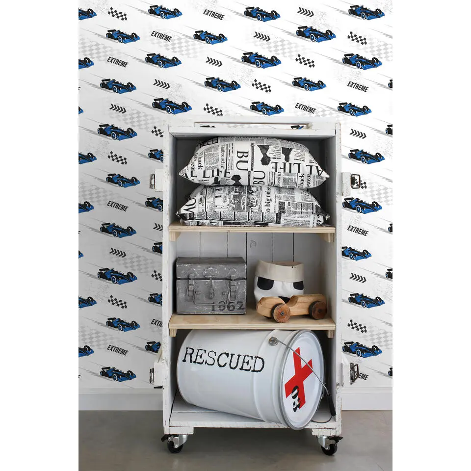 Sanders & Sanders behang race auto's blauw - 50 x 900 cm