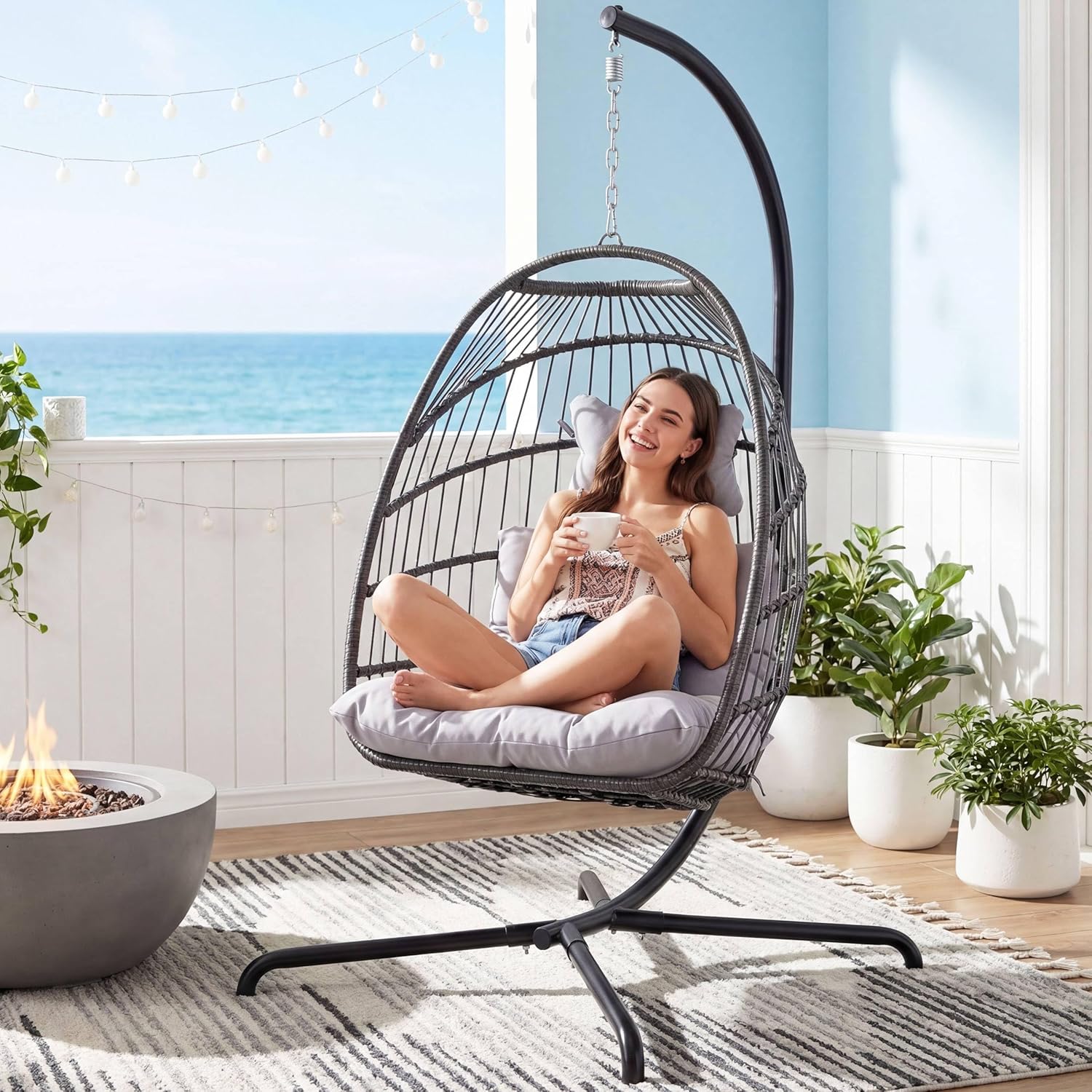 NICESOUL All Weather Swing Egg Chair Indoor Outdoor, Comfy Rattan Patio Basket Hanging Chair with Stand and Cushions, 350lbs Heavy Duty Sturdy Egg Hammock Chairs for Porch Balcony Deck Garden, Gray