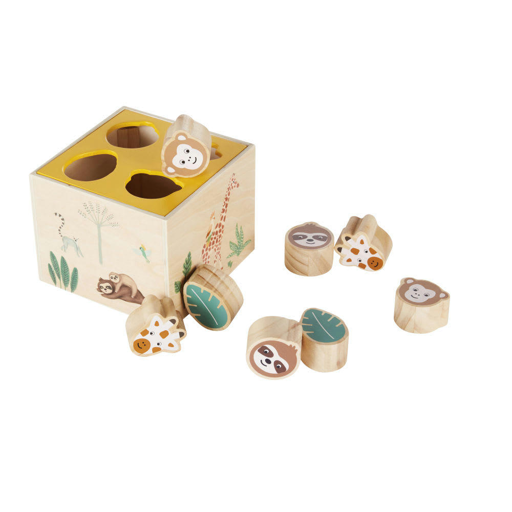 - Cube d'éveil à motifs animaux jaunes, marron et bleus