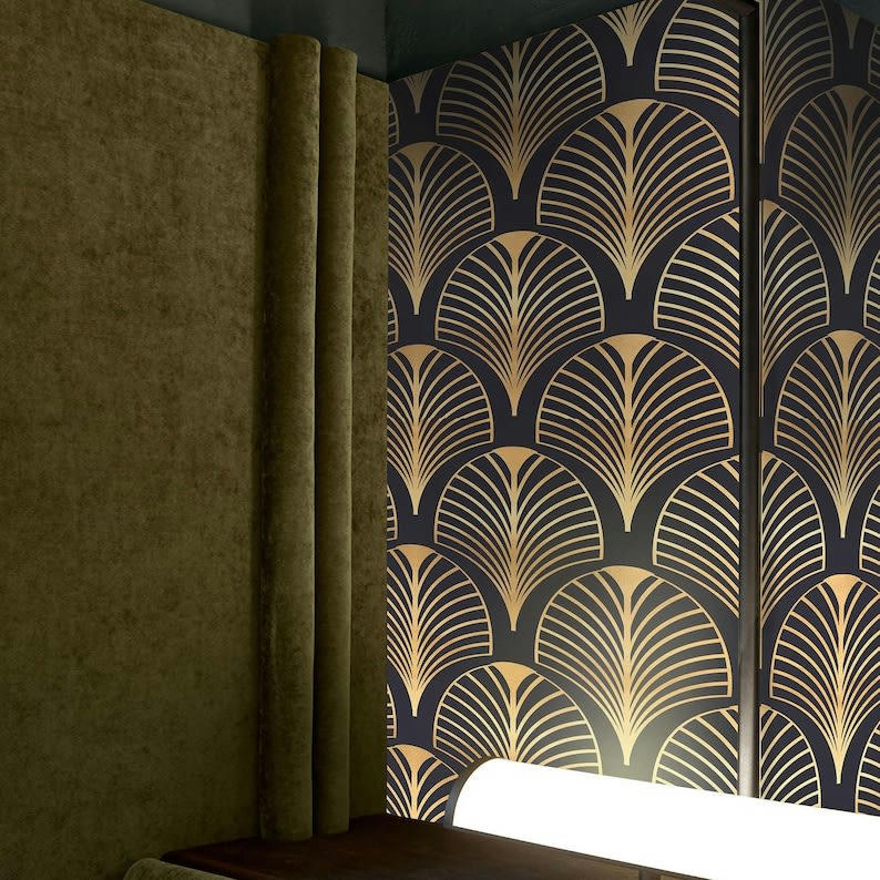 VINTAGE - Papier Peint Art Déco des Années 1930, Noir et Or 250x200 cm