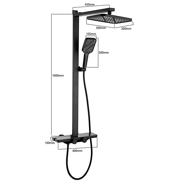 Colonne de Douche Thermostatique étagère en Verre avec Cascade Douchette 3 Jets Pommeau de Douche Pluie 300 x 200 mm Noire