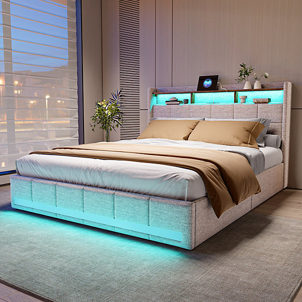 Lit Double 160x200 Cm En Lin Beige, 4 Tiroirs, LED, étagères, Ports USB/type-c,sommier à Lattes Bois