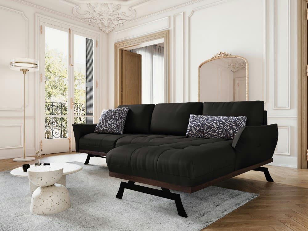 OLIVIER - Canapé d'angle 4 places en cuir noir