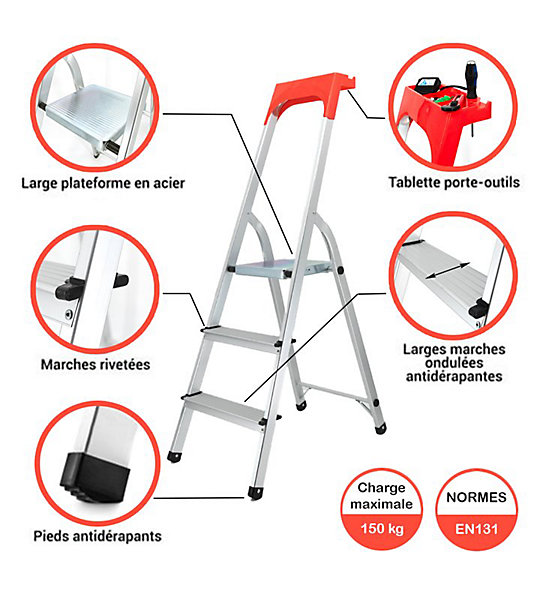 Escabeau pliable 3 marches Marchepied léger en aluminium 150 kg 55 cm Safetool