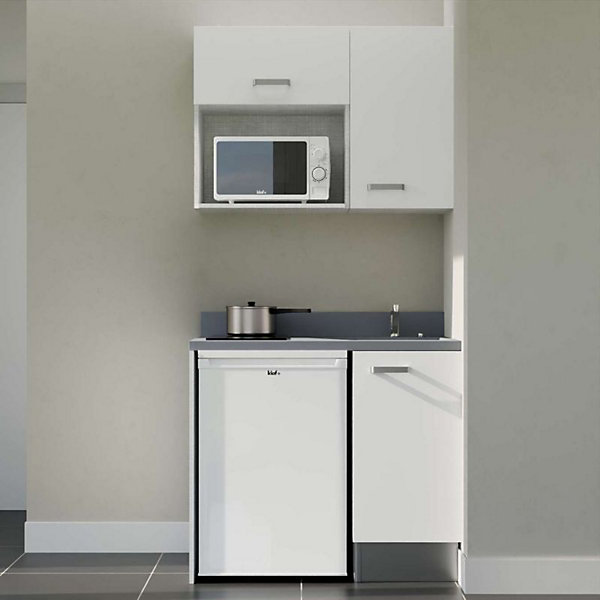 Kitchenette K00 - 100 cm - façades Blanc - Plan monobloc en quartz coloris Cromo évier à droite - Electroménager Blanc