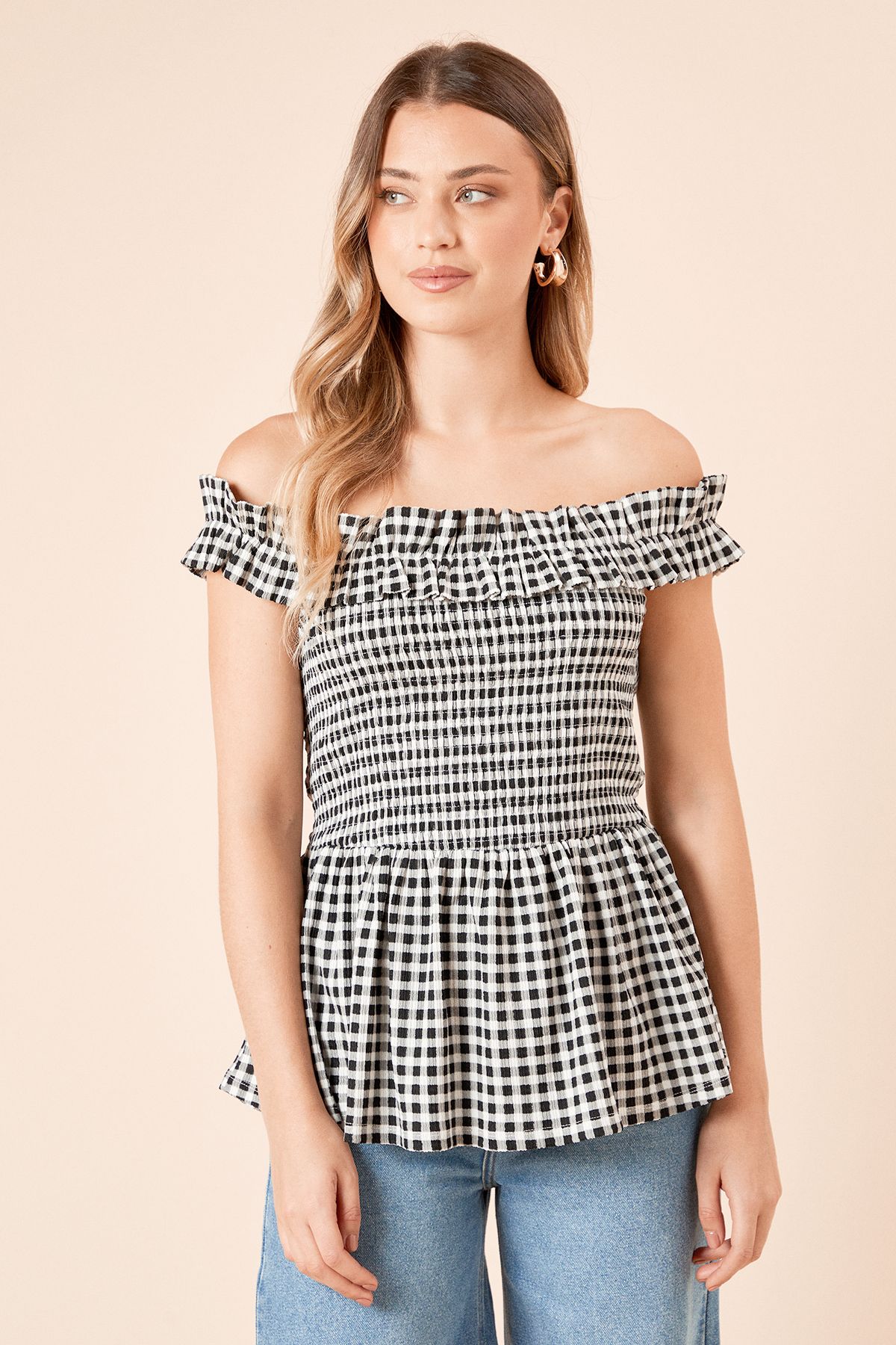 Dorothy Perkins Gingham Shirred Bodice Bardot Peplum Top