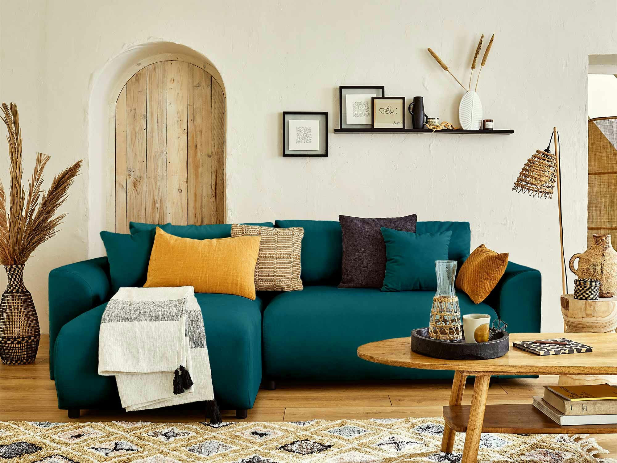 CAMELIA - Canapé d'angle réversible convertible 4 places en velours bleu canard