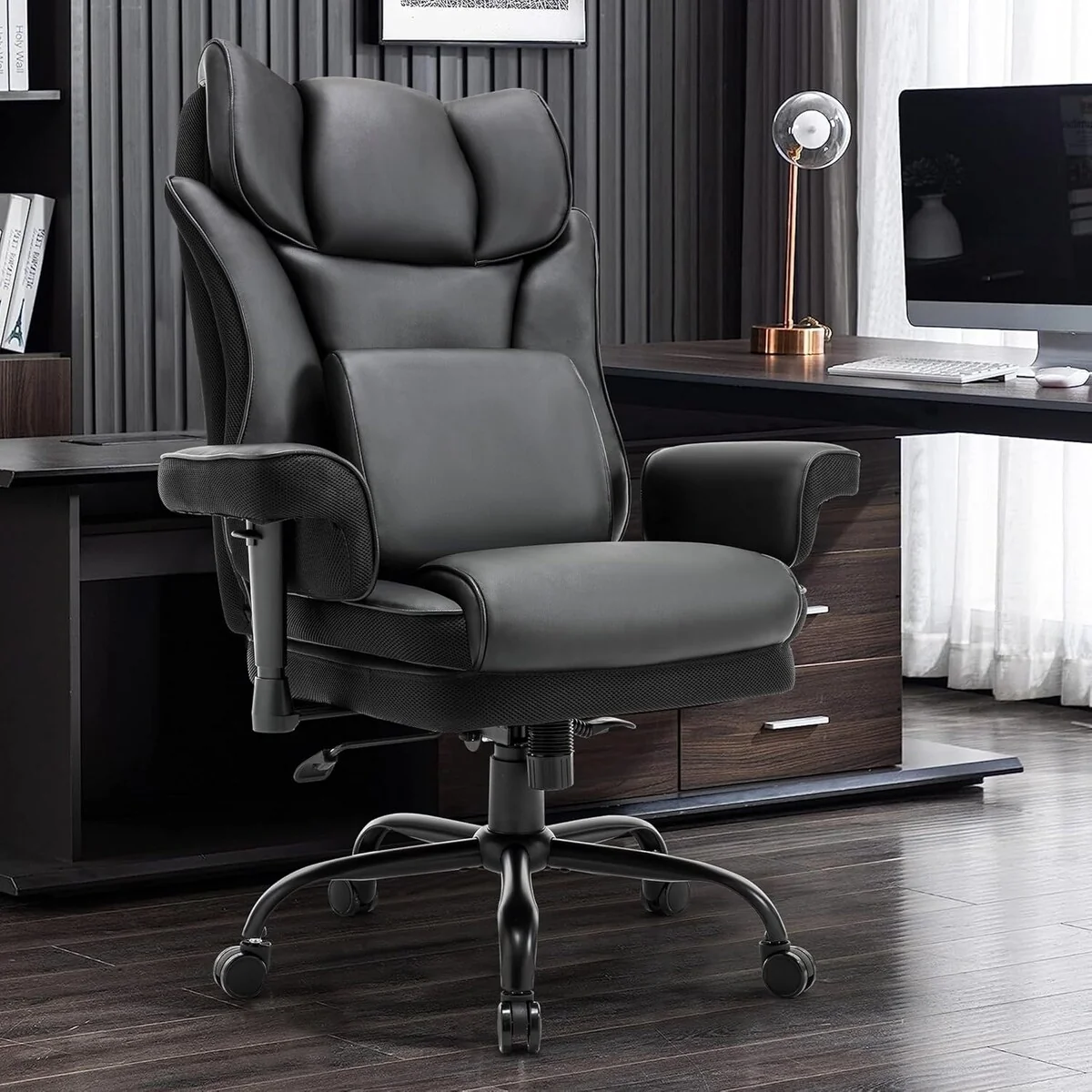 Rocking Desk Chair Ergonomic Executive Office Chair with Adjustable Padded Armrest and Massage Lumbar Support