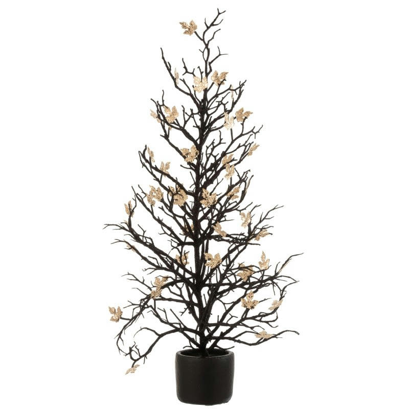 PAILLETTES - Arbre nu en pot + feuilles paillettes noir/or H71cm