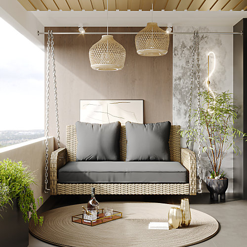 Balancelle de jardin 2 places avec coussins - Fauteuil suspendu en résine tressée - Beige   Gris