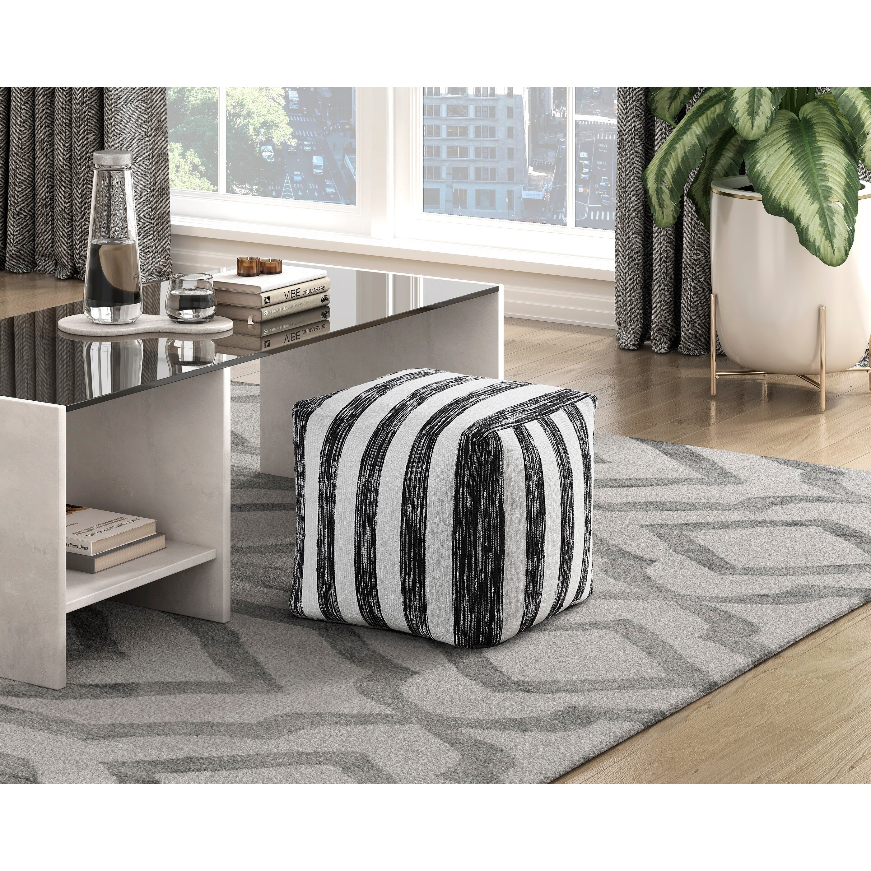 Modern Square Pouf Off Faux Fur Fabric Upholstered Ottoman, Footstool, NonSlip Floor Pouf, Bean Bag Chair, 1pc Sitting Pouf